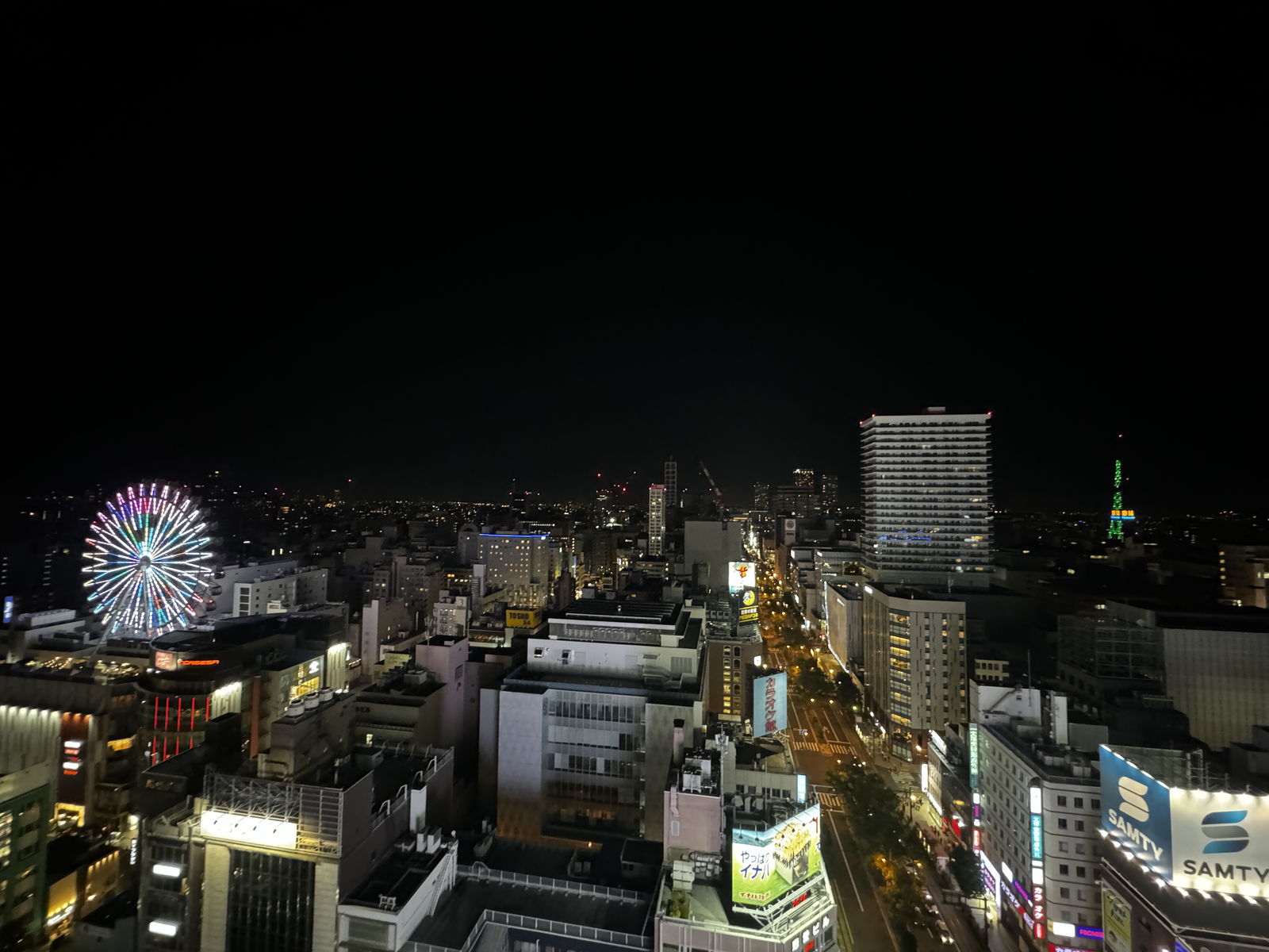 夜のすすきの。観覧車と、明かりのついたビルが並ぶ