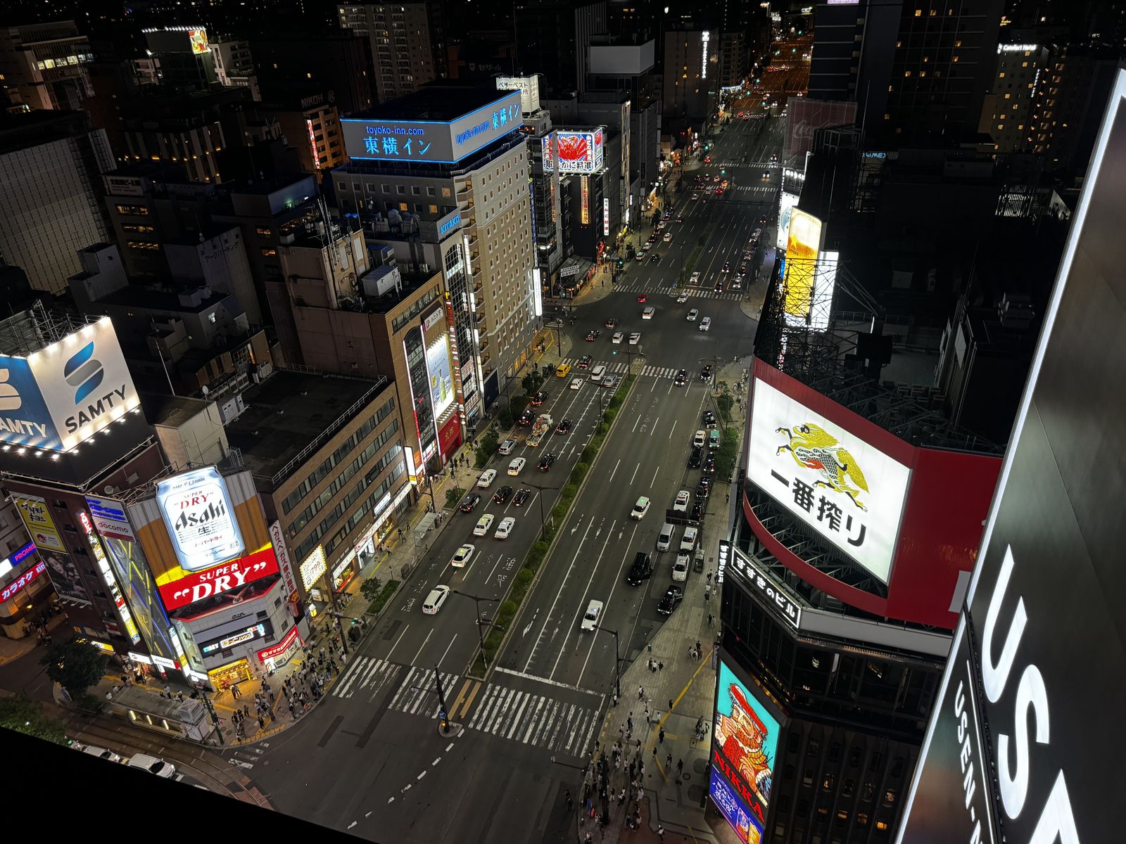 高いところから見下ろしたすすきの交差点。ニッカウヰスキーの看板が見える