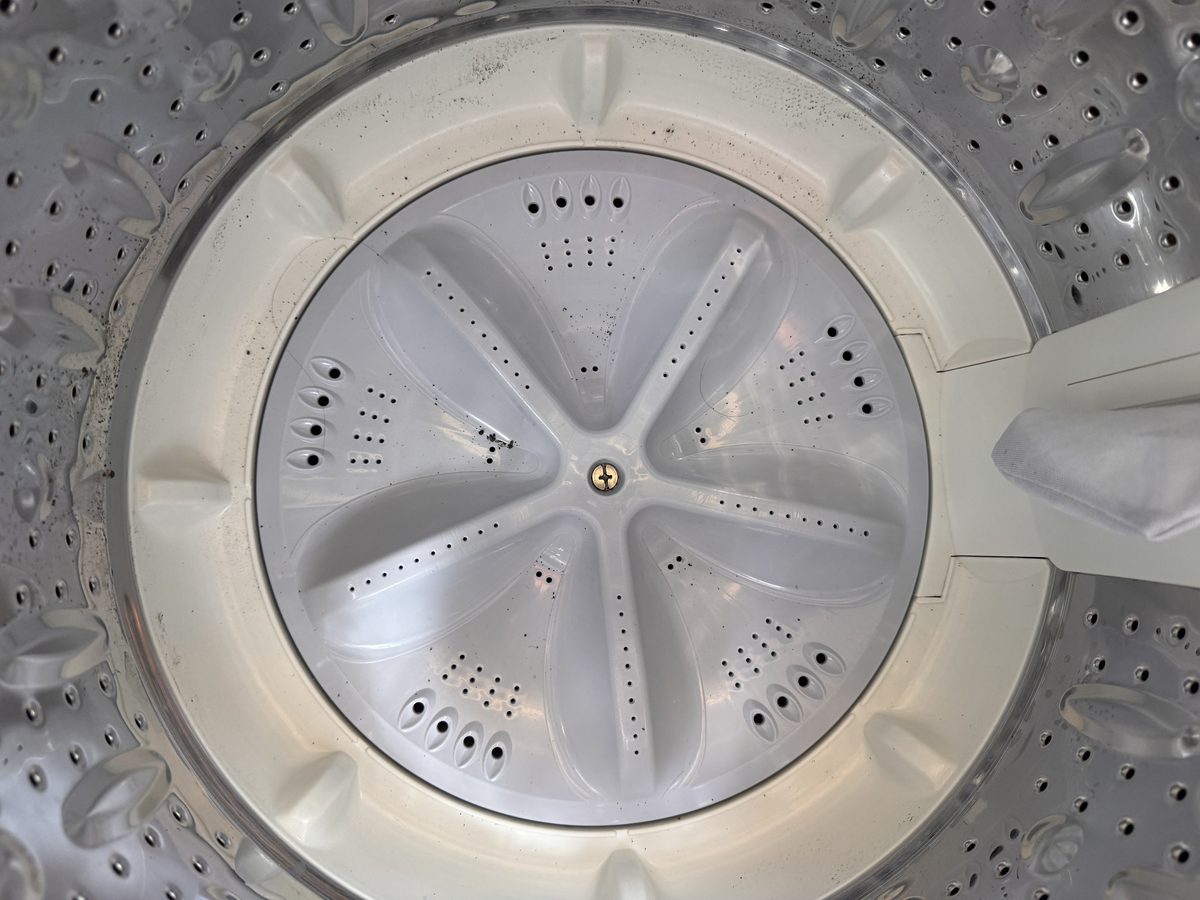 縦型洗濯機の洗濯槽を上からのぞいた写真。中央に羽(パルセーター)があり、その中心にネジが1本見えている